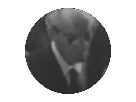 Geheimnis Traven gelüftet: B. Travens Gesicht ist schemenhaft in einer transparenten Kreismaske zu sehen, er trägt Krawatte und Anzug. Schweiz, 1969