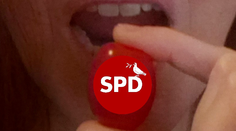 illustration: Frauenmund beißt in Logo der Friedenskreise in der SPD